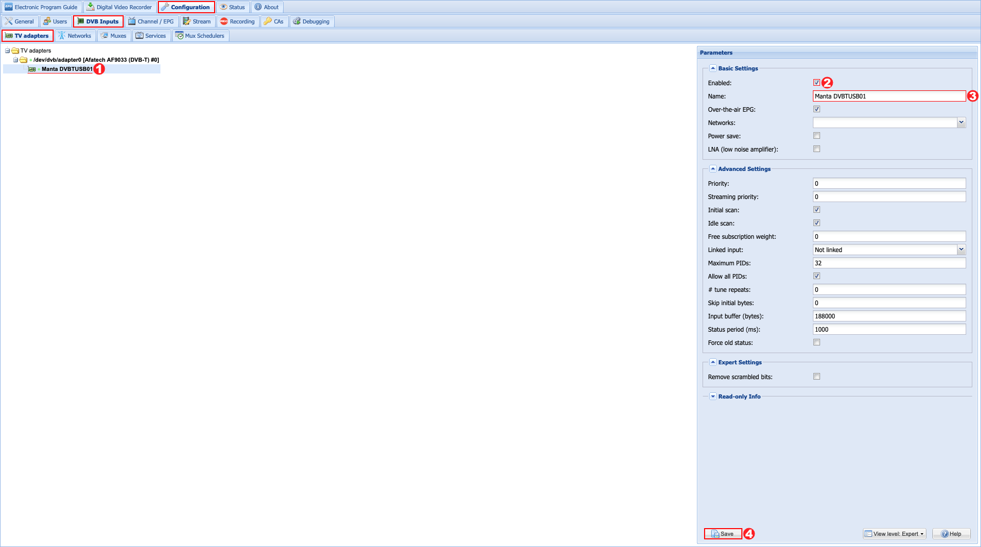 Παραμετροποίηση Tvheadend - Βήμα 03α